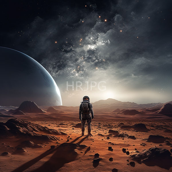 High Resolution: Lone astronaut white spacesuit standing reddish rocky desert-like planet astronaut faces distant large partially illuminated planet bright glowing download. | HRJPG.com