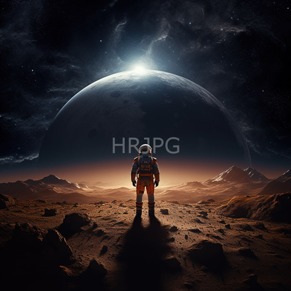 High Resolution: Lone astronaut white spacesuit reflective helmet standing rocky barren lunar landscape astronaut faces large illuminated planet glowing sun download. | HRJPG.com