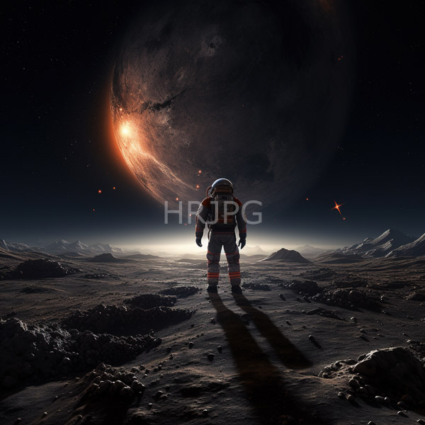 High Resolution: Lone astronaut bulky orange and white spacesuit standing rocky cratered lunar surface astronaut casts long shadow facing massive dark download. | HRJPG.com