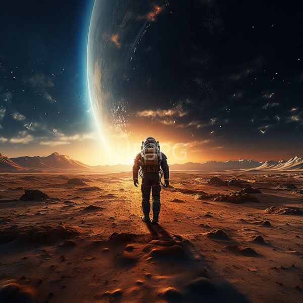 High Resolution: Lone astronaut bulky white spacesuit large backpack walking reddish rocky Martian landscape sun setting behind massive partially illuminated download. | HRJPG.com