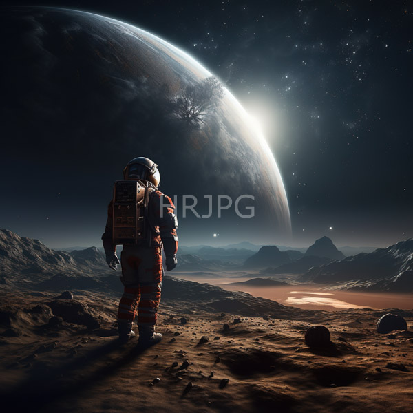 High Resolution: Astronaut white spacesuit red accents standing rocky barren Martian landscape astronaut faces large partially illuminated planet visible tree-like download. | HRJPG.com
