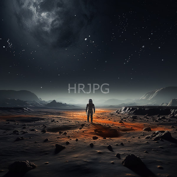High Resolution: Lone astronaut spacesuit standing barren rocky orange-lit planetary surface night figure centered facing away starry cloudy sky above download. | HRJPG.com