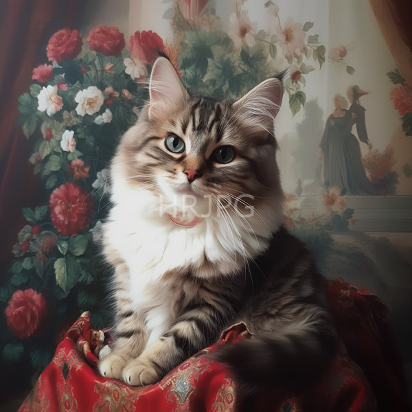 High Resolution: Fluffy brown and white tabby cat green and blue eyes sitting red patterned cloth cat centered soft realistic texture download. | HRJPG.com