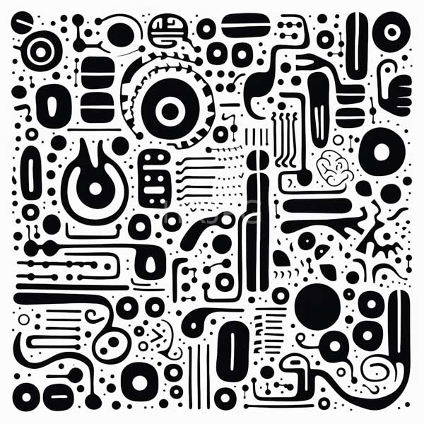 High Resolution: Black-and-white abstract pattern dense chaotic arrangement various geometric and organic shapes shapes include circles lines dots and abstract forms download. | HRJPG.com