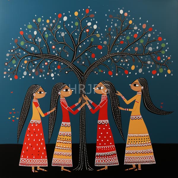 High Resolution: Three women long braided hair wearing colorful patterned dresses (red yellow and orange) standing under stylized tree multicolored dots download. | HRJPG.com