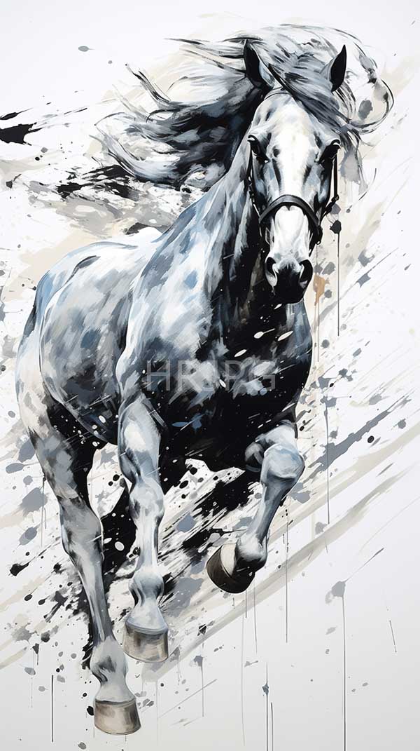 High Resolution: Dynamic galloping black and white horse flowing mane horse depicted mid-motion its front legs extended and head lowered download. | HRJPG.com