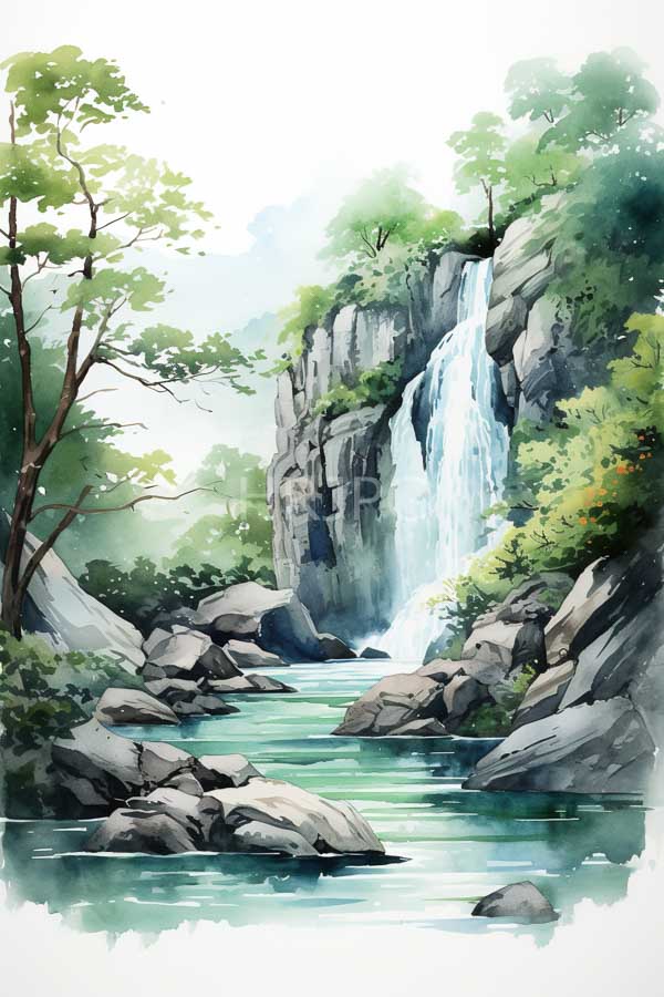 High Resolution: Watercolor serene lush forest scene cascading waterfall flowing tranquil rocky stream Green trees and foliage surround rocky cliffs sunlight filtering download. | HRJPG.com