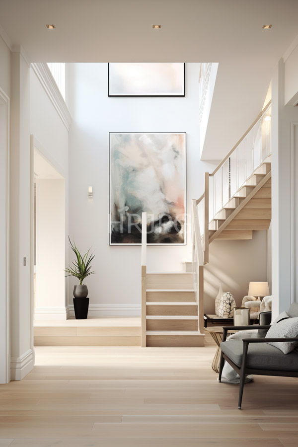 High Resolution: Modern minimalist foyer light wooden floors white walls large abstract painting black white and pink hues back wall download. | HRJPG.com