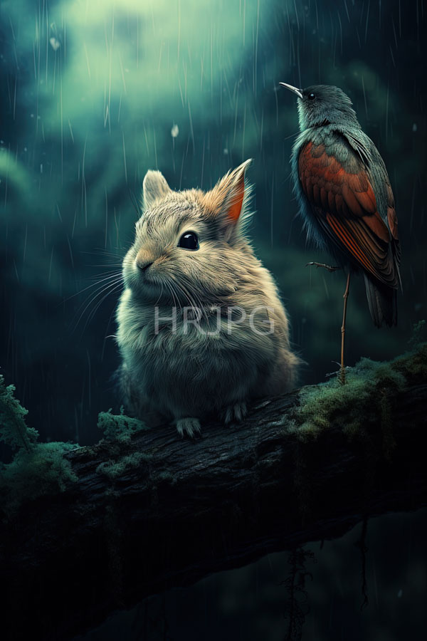 High Resolution: Fluffy gray hamster large ears small colorful bird red and blue feathers standing moss-covered branch rain-soaked forest download. | HRJPG.com