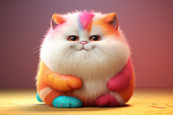 High Resolution: Fluffy chubby orange and white cat pink and blue stripes sitting wooden floor cat has large expressive eyes small pink download. | HRJPG.com