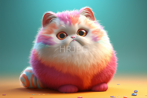 High Resolution: Fluffy chubby pastel-colored cat large round eyes pink and white fur small striped tail cat sits yellow-orange surface scattered colorful download. | HRJPG.com