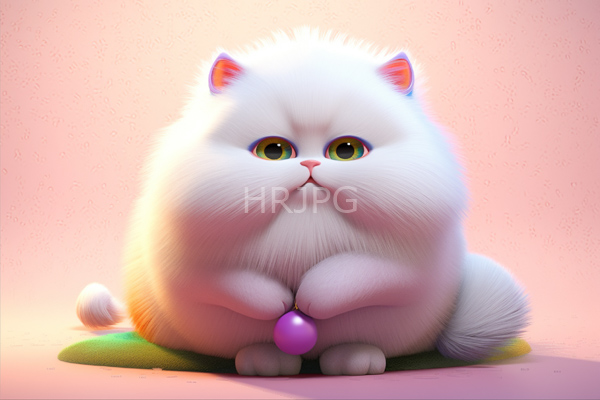 High Resolution: Chubby fluffy white cat large green eyes pink nose small pink ears cat sits green and yellow mat holding purple download. | HRJPG.com