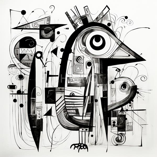 High Resolution: Black and white abstract geometric composition central figure resembles stylized elongated fish sharp angular shapes intricate patterns download. | HRJPG.com