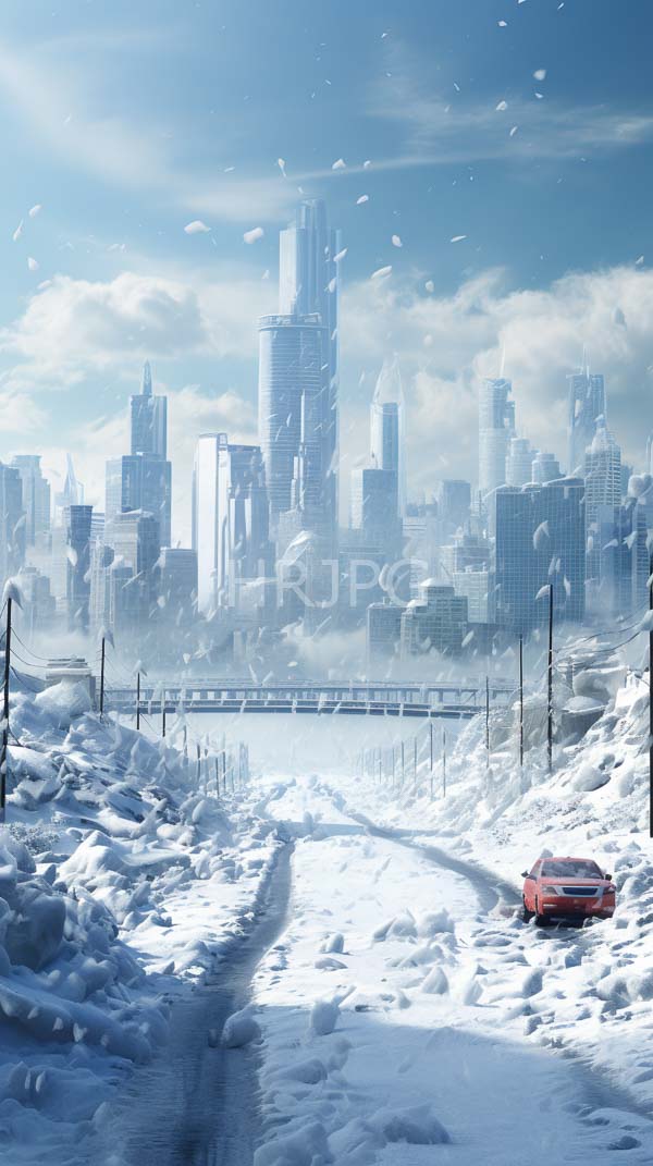 High Resolution: Snowy urban landscape futuristic cityscape background red car partially buried snow right side snow-covered road download. | HRJPG.com