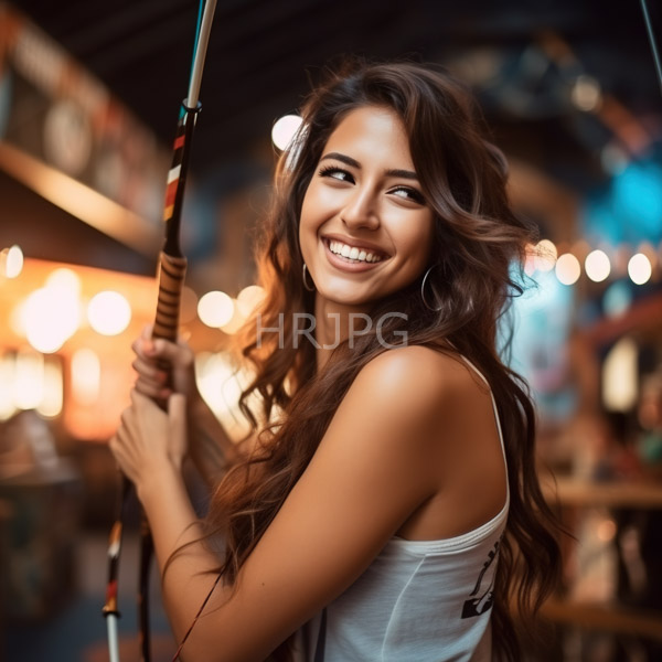 High Resolution: Smiling young woman long wavy brown hair wearing white tank top holding striped pole She has light tan complexion hoop download. | HRJPG.com