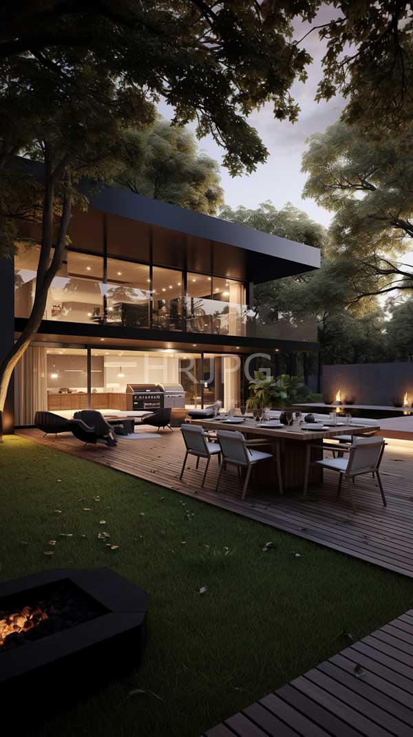 High Resolution: Modern two-story house dusk house features large illuminated glass windows and balcony potted plants backyard has wooden deck dining download. | HRJPG.com