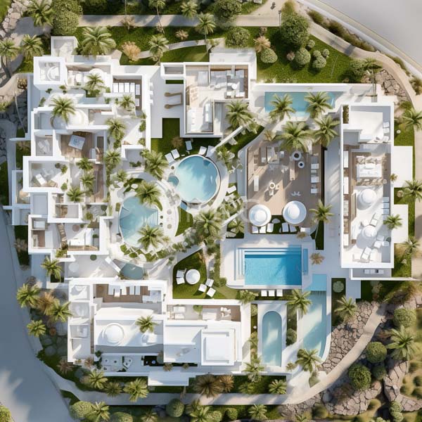 High Resolution: Aerial luxurious white Mediterranean-style villa multiple pools palm trees lush greenery villa features several bedrooms circular pool download. | HRJPG.com
