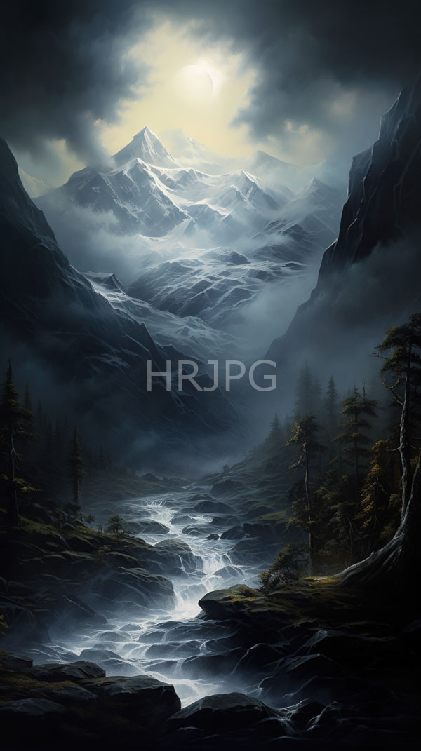 High Resolution: Dramatic misty mountain landscape cascading river flows through foreground surrounded rocky terrain sparse pine trees Snow-capped peaks rise download. | HRJPG.com