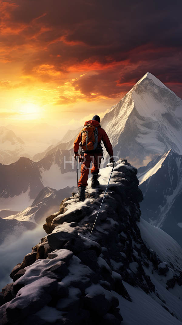 High Resolution: Lone climber orange suit and backpack standing snowy rocky ridge using trekking poles climber faces towering snow-capped mountain under download. | HRJPG.com