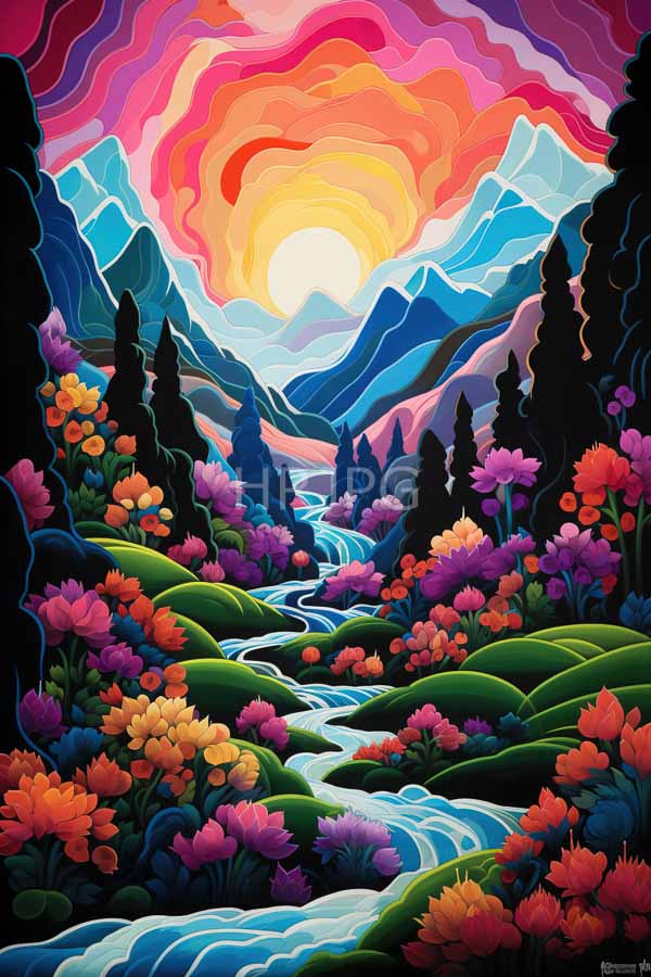 High Resolution: Vibrant mountainous landscape sunset Bright wavy colors sky transition from yellow to pink and purple winding blue river flows download. | HRJPG.com