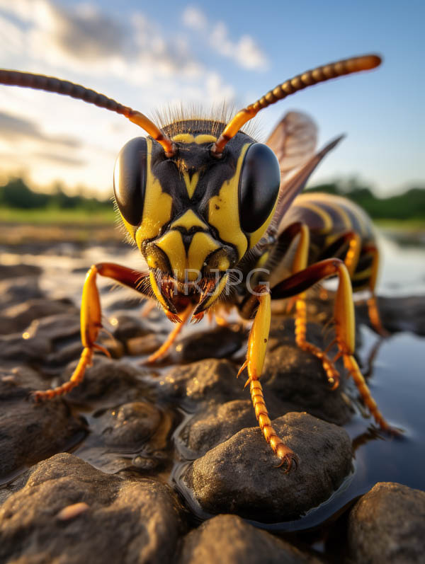 High Resolution: Yellow and black wasp large shiny black eyes prominent antennae segmented legs standing wet rocky surface features blurred sunlit download. | HRJPG.com