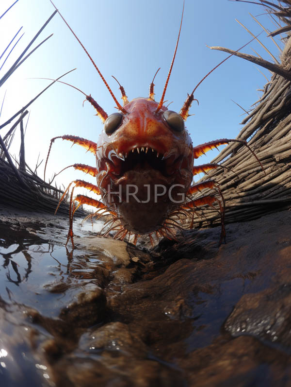 High Resolution: Menacing orange-red aquatic crustacean large sharp teeth prominent curved antennae taken low angle shallow water creature's eyes are download. | HRJPG.com