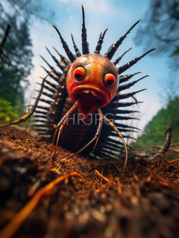 High Resolution: Surreal insect-like creature red glossy head large red and yellow eyes numerous black spiny appendages resembling crown download. | HRJPG.com