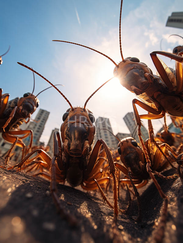 High Resolution: Numerous large brown realistic-looking plastic ants prominent antennae and mandibles viewed low angle sun shining directly behind them download. | HRJPG.com
