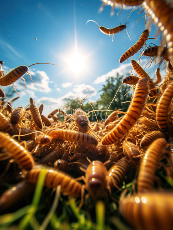 High Resolution: Sunlit grassy field filled numerous brown striped earthworms worms their segmented bodies and curved shapes various positions some raised download. | HRJPG.com