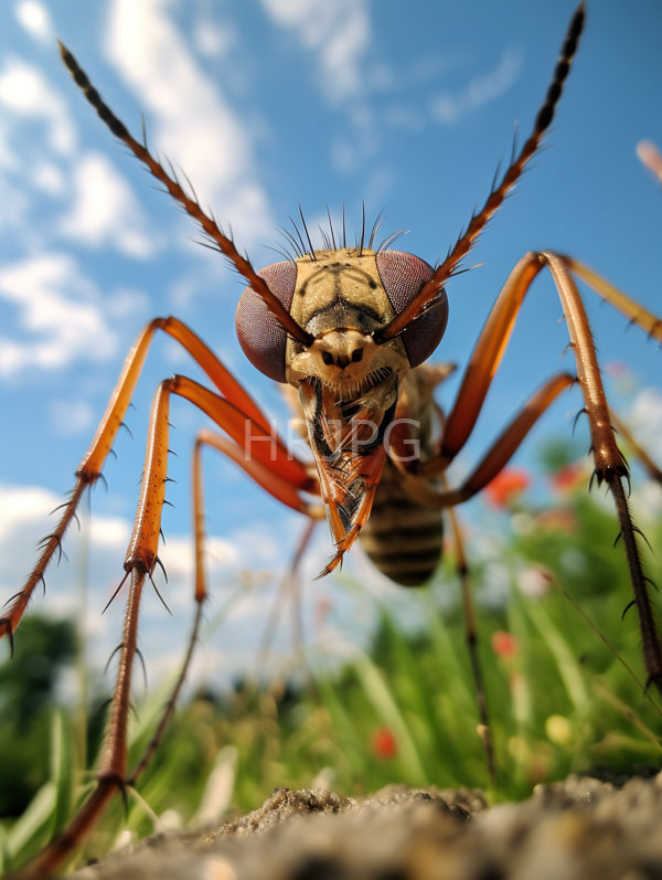 High Resolution: Large orange-brown fly prominent dark red compound eyes long antennae striped abdomen fly's mouthparts visible legs detailed with download. | HRJPG.com