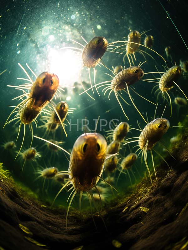 High Resolution: Underwater scene numerous small brown worm-like creatures long thin white appendages floating greenish illuminated aquatic environment creatures scattered download. | HRJPG.com