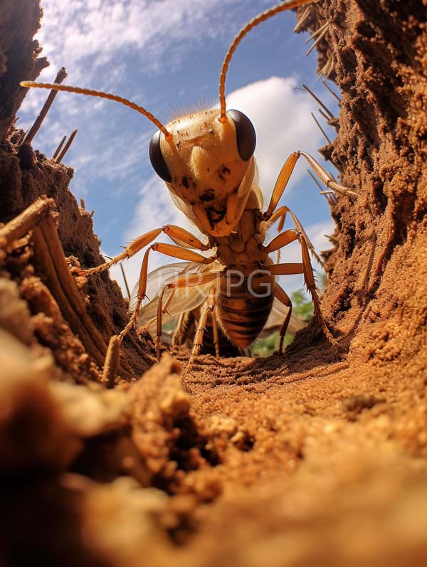 High Resolution: Yellow-brown ant large black compound eyes standing narrow rough-textured soil tunnel ant's segmented body antennae prominently visible download. | HRJPG.com