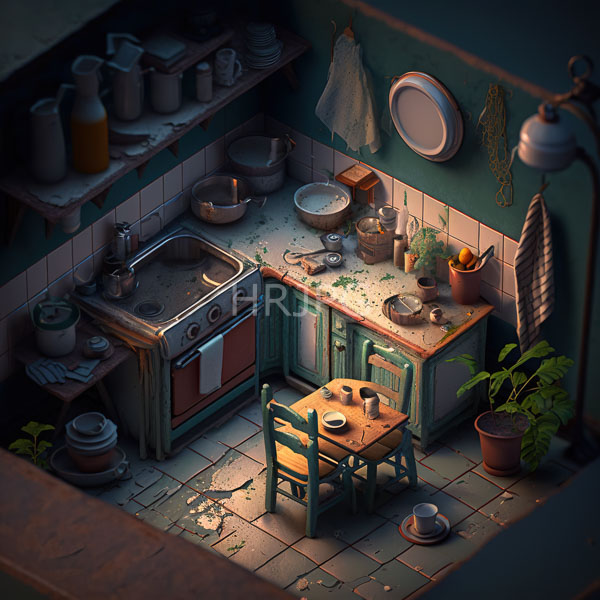 High Resolution: Cluttered dimly-lit kitchen green cabinets white tiled walls worn tiled floor small wooden table two green chairs sits download. | HRJPG.com