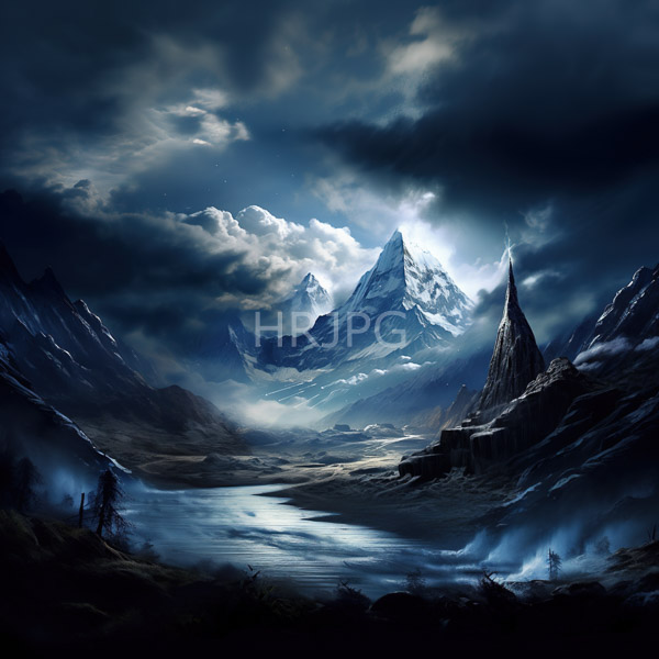 High Resolution: Dramatic moonlit mountain landscape towering snow-capped peak dominates center smaller jagged peak right Dark stormy clouds partially obscure download. | HRJPG.com