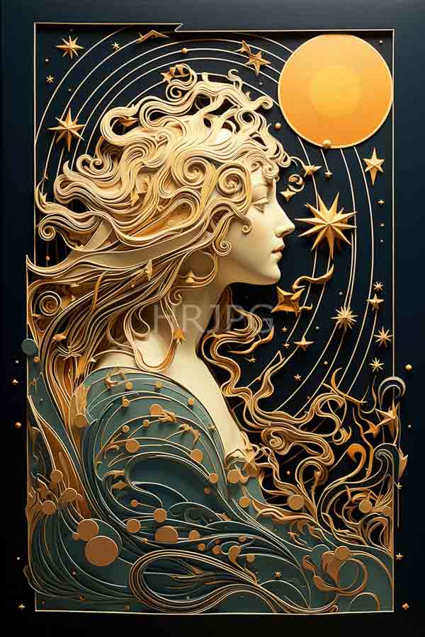 High Resolution: Stylized golden-haired woman profile gazing glowing orange sun Her wavy hair flowing teal-patterned cloak intricately designed swirling golden download. | HRJPG.com