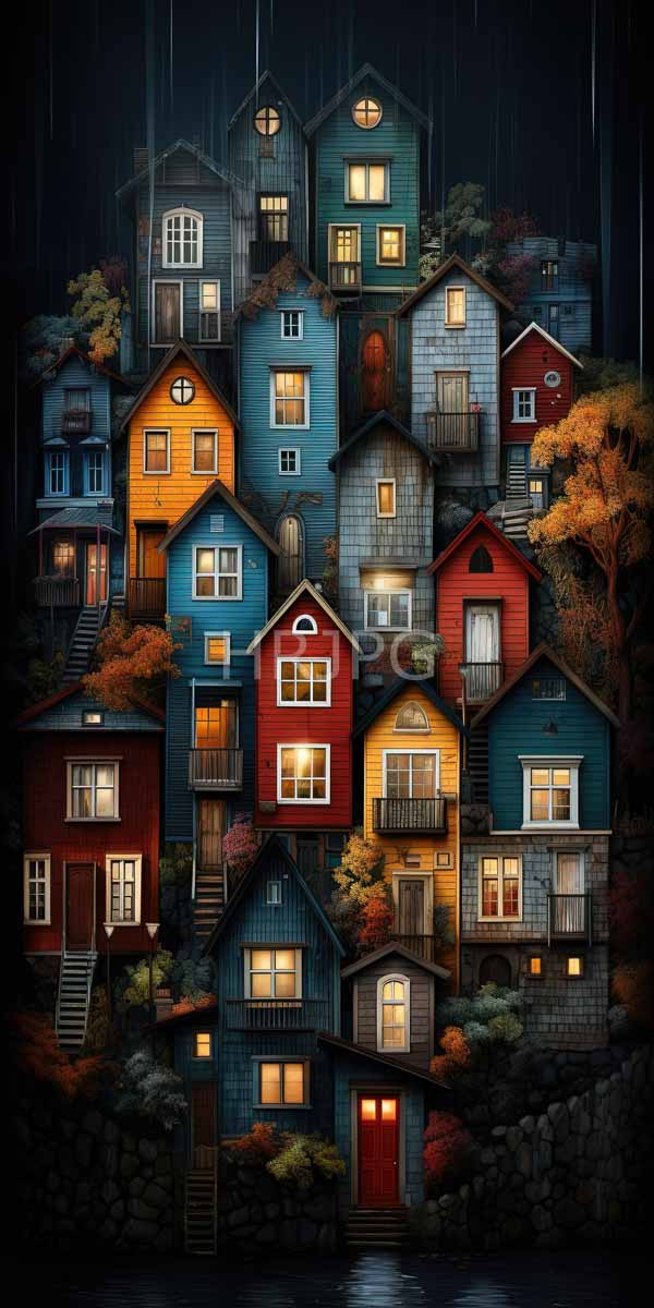 High Resolution: Nighttime rain-soaked hillside village colorful wooden houses shades red blue green and yellow houses illuminated windows small balconies stacked download. | HRJPG.com