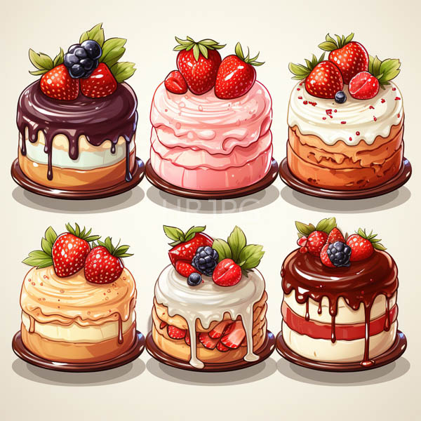 High Resolution: Six colorful detailed cakes each topped strawberries blueberries and green leaves Cakes feature chocolate pink white and cream frosting some download. | HRJPG.com
