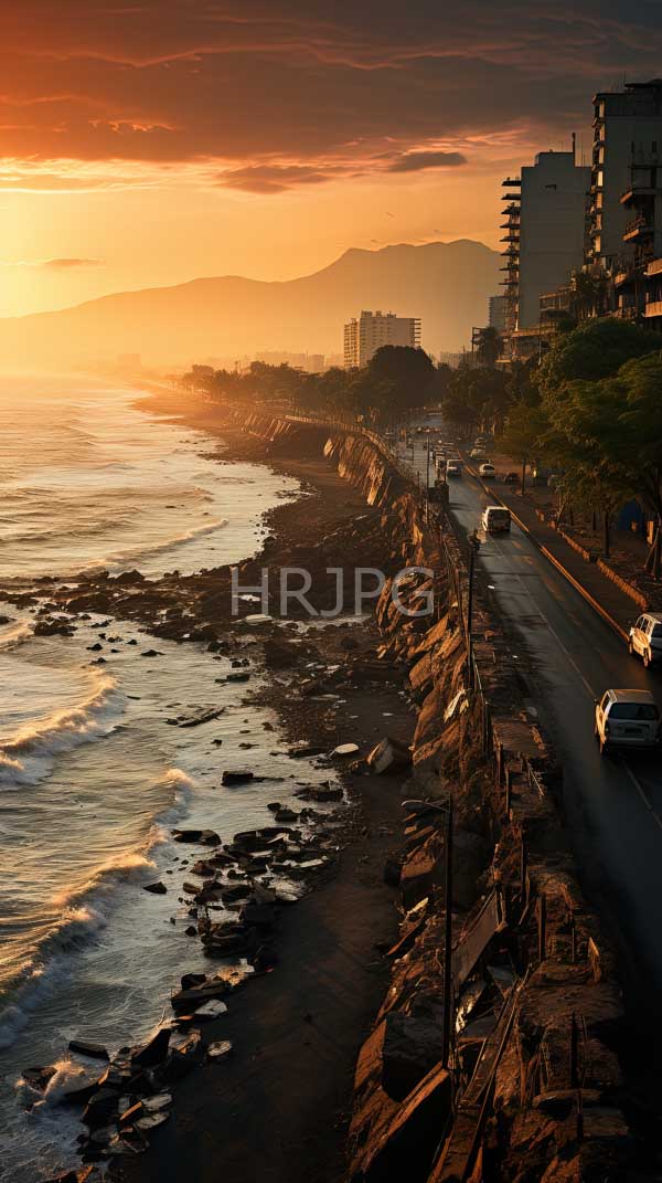 High Resolution: Coastal city sunset featuring rocky shoreline left gentle waves paved road right few cars includes mountains and tall download. | HRJPG.com