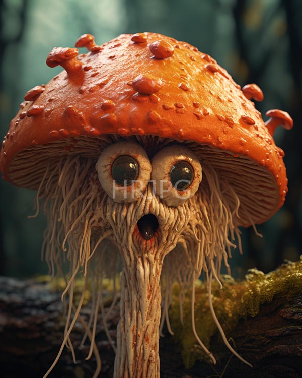 High Resolution: Highly detailed realistic anthropomorphic mushroom bright orange textured cap large round expressive eyes gnarled beard-like stem download. | HRJPG.com