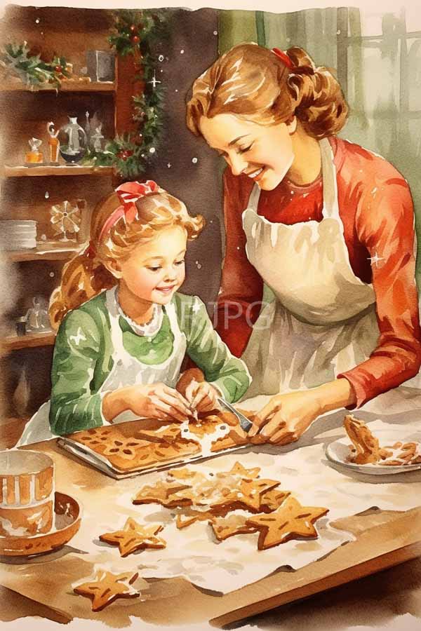 High Resolution: Watercolor warm festive kitchen scene smiling woman brown hair red shirt white apron helps young girl blonde hair green download. | HRJPG.com