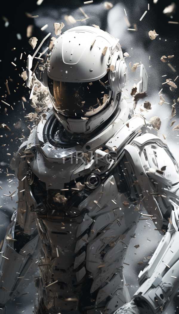High Resolution: Photorealistic white spacesuit-clad astronaut reflective visor surrounded flying debris suit detailed metallic textures and panels set against dark download. | HRJPG.com