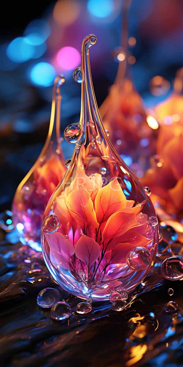 High Resolution: Clear teardrop-shaped glass vases containing vibrant orange-pink lotus flowers vases adorned delicate swirling glass tops and surrounded sparkling download. | HRJPG.com