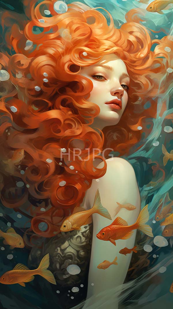High Resolution: Pale-skinned red-haired woman curly hair floating underwater She has serene expression wearing black patterned top Surrounding her are several download. | HRJPG.com
