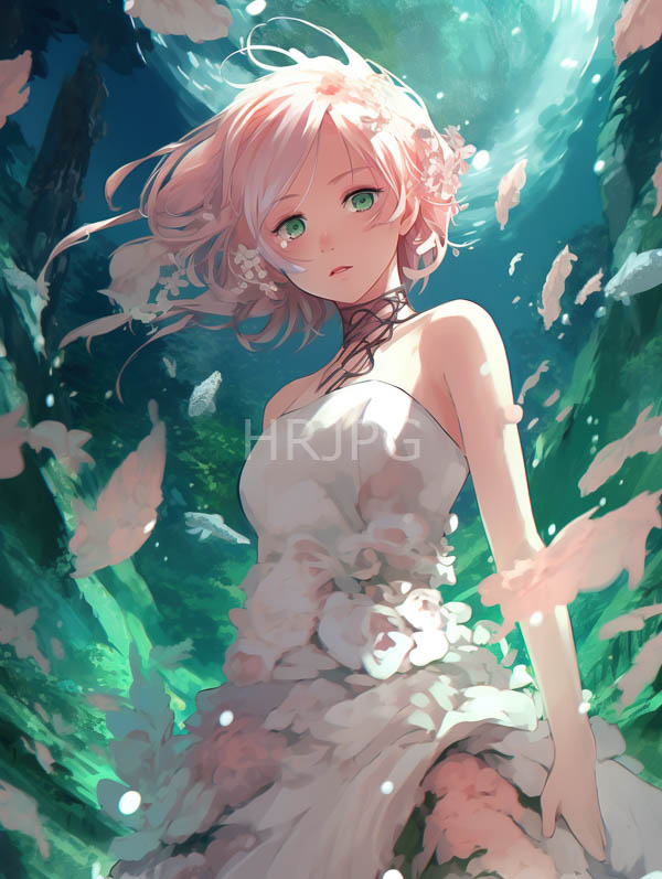 High Resolution: Anime-style young woman short wavy pink hair green eyes wearing white floral-patterned strapless dress black lace choker She surrounded download. | HRJPG.com