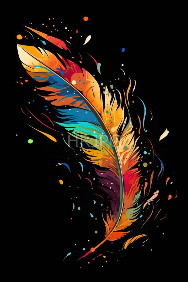 High Resolution: Vibrant multicolored feather against black features gradients colors from orange yellow blue green and purple splashes color and abstract download. | HRJPG.com