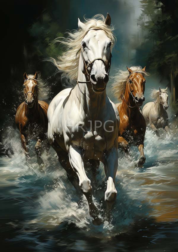 High Resolution: Three galloping horses led muscular white stallion flowing mane followed brown and another white horse They splash through shallow download. | HRJPG.com