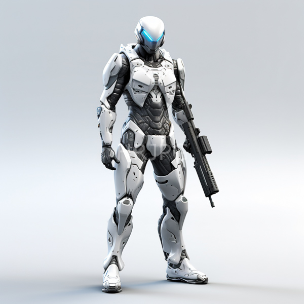 High Resolution: Futuristic white and black armored humanoid figure sleek glowing blue visor character stands confidently holding large black assault rifle download. | HRJPG.com