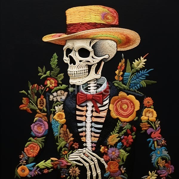 High Resolution: Detailed colorful skeletal figure dressed formal black suit adorned vibrant embroidered flowers skeleton wears red bow tie and wide-brimmed download. | HRJPG.com