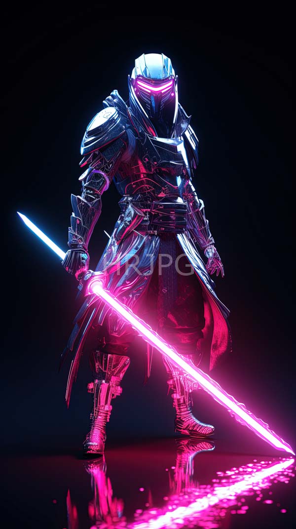 High Resolution: Futuristic armored warrior glowing pink visor neon pink lightsaber character wears intricate reflective silver armor long flowing cape download. | HRJPG.com