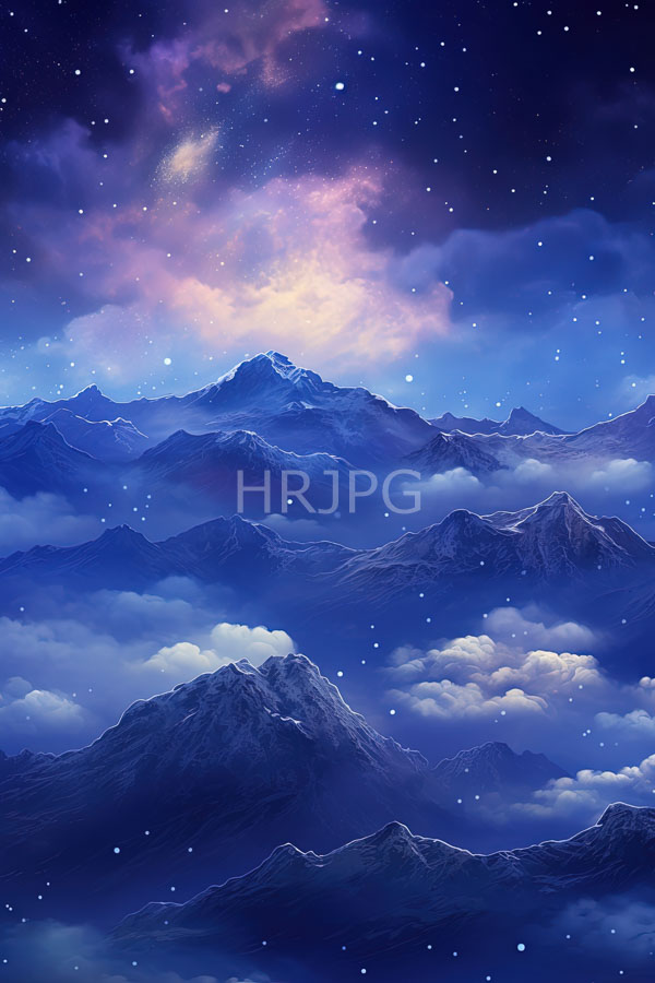 High Resolution: Serene starry night sky over mountain range mountains varying size and covered snow are layered fluffy clouds download. | HRJPG.com